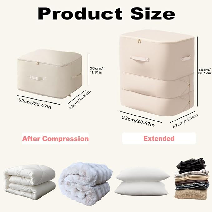 Ultra Space Saving Self Compression Organizer, 3-Layer Zipper Large Capacity Storage Bag, Thick Satin Fabric Heavy Duty Bags for Comforters Blankets Bedding Duvet (Beige, X-Large, 21x17x24in)