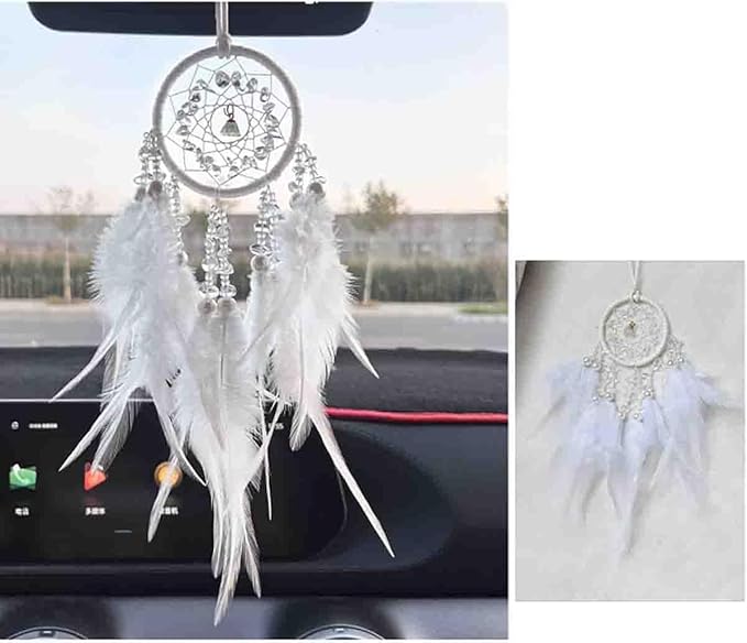 Car Dream Catcher, Rearview Mirror Accessory, Car Charms Ornament, Lucky Ornament Pendant, White