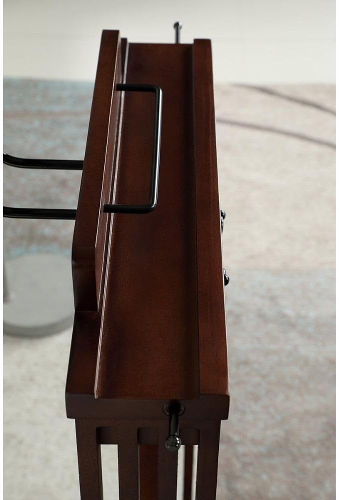 Wooden Wardrobe Valet Stand with Drawer Hanger Elegant Clothes Organizer with Trouser Bar Belt Hooks Shoe Rack and Storage Tray for Bedroom Closet, Dark Walnut