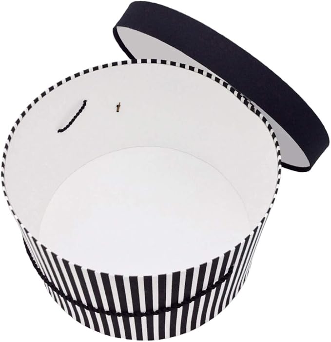 Sarah's Hat Boxes Classic Black/White Stripe Hat Box – 11" x 5.5" (Dia. x Ht.) Handmade in USA – Odorless Non-Toxic Adhesive, Cording Handle – Premium Storage for Hats & Accessories