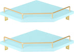 Tirzah Blue Wall Mount Corner Shelf with Gold Metal Guardrail, 2-Tier 9.5-inch Diamond-Shaped Wood Corner Floating Shelves for Home Decor Kitchen Organizer
