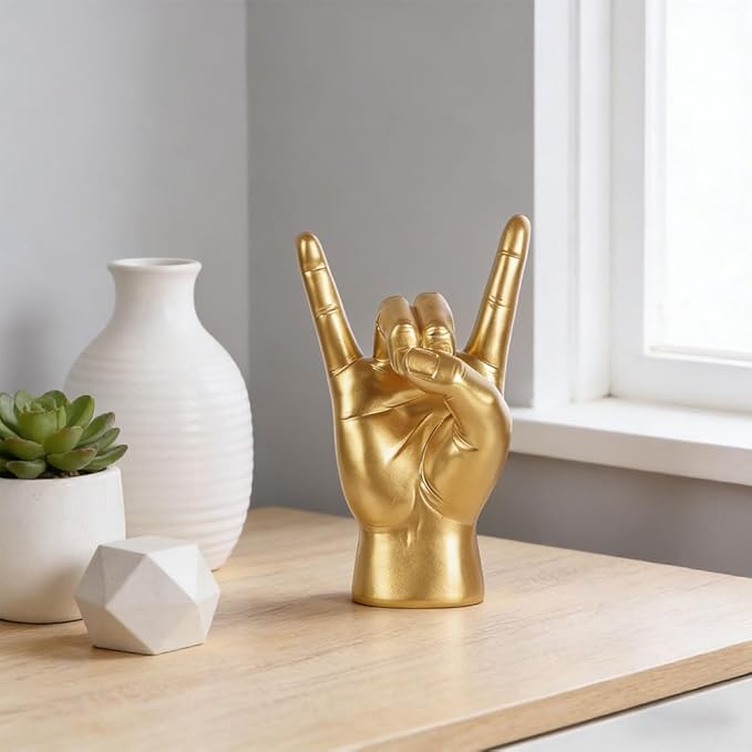 QIANLING 7.7" Gold Rock On Hand Statue, Modern Hand Gesture Sculpture, Rock Music Room Decor, Heavy Metal Party Accent Tabletop Figurine for Desk, Bookshelf, Mantel & Home Office