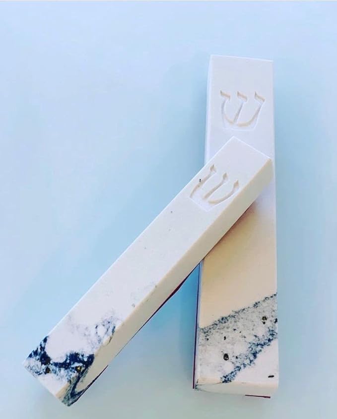 A&S Mezuzot Quartz Mezuzah Case with Engraved Shin Design Easy Peel and Stick Judaica Door Mezuza (White/Blue Veins, 7 Inches)