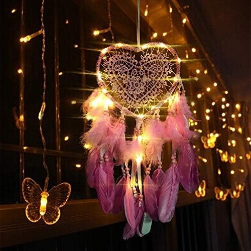 Skreened Christmas Lights，Fashion Handmade LED Light Dream Catcher with Feather Love Heart Dream Catcher Night Light Home Bedside Wall Hanging Home Party Wedding Decoration Gift (Pink)