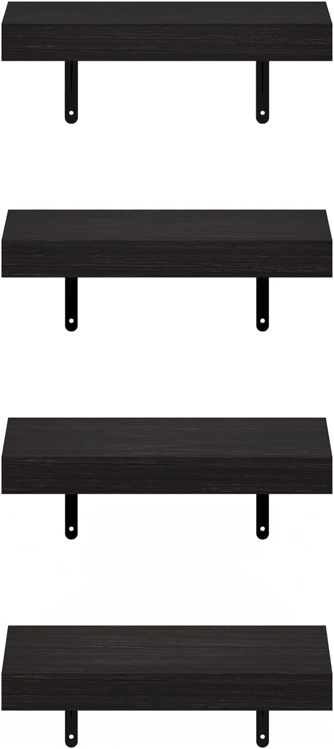Furinno Tanna Floating Shelves for Wall Set of 4, 15-Inch Wall Shelf, Triple Thick Floating Mounted Shelf, for Bathroom, Home Office, Living Room, Tobacco Oak