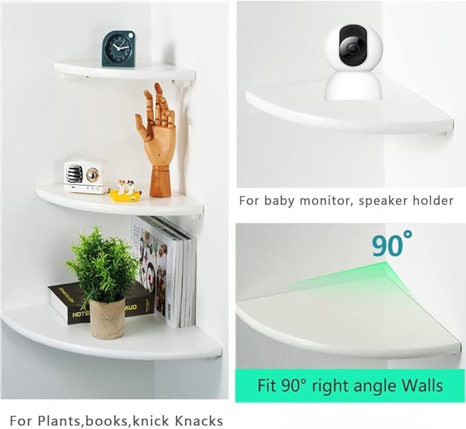White Corner Shelf, Wall Mount Natural Oak Wood Floating Corner Wall Shelf Round End Small Corner Nightstand Plant Shelf for Bedroom, Kitchen, Living Room 7inch