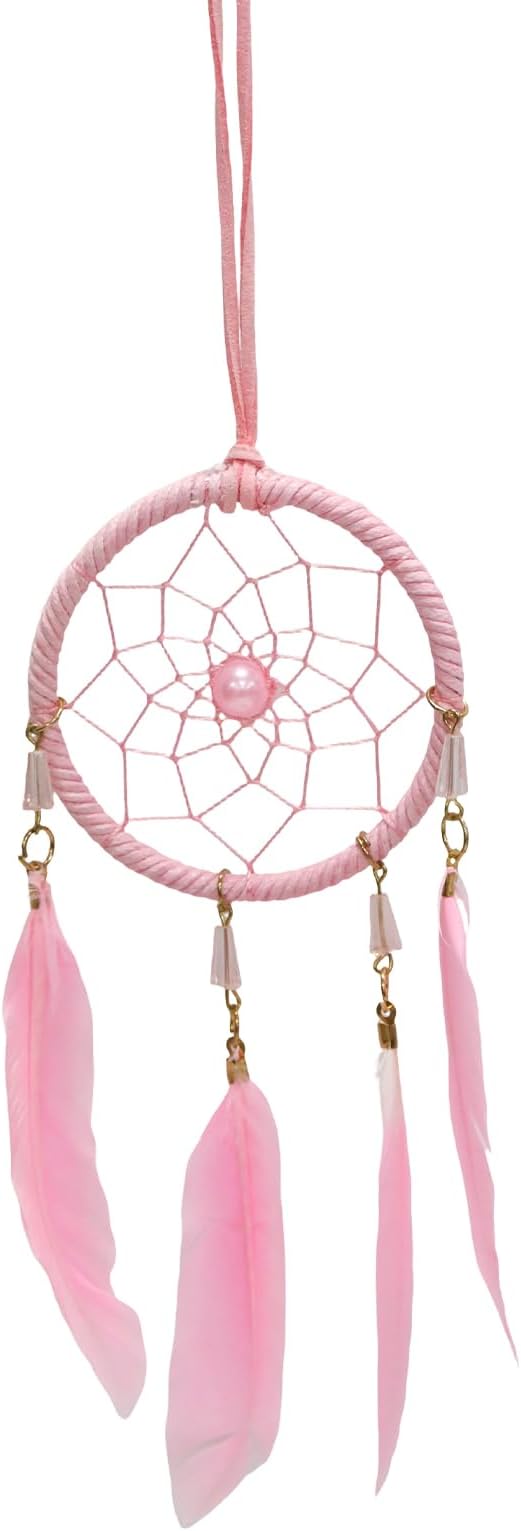 Pine & Linen Handmade Dream Catcher,Bohemian Style Car Rearview Mirror Hanging Charms Feather Pendant,Good Luck Charm for Car Accessories/Wall Hanging/Women/Gift(Pink)