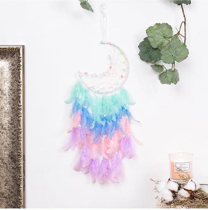 Moon Dreamcathers, Handmade Crescent Design Dream Catchers for Room Wall Decor, Feather Hanging Boho Ornament for Home Decoration Festival Gift
