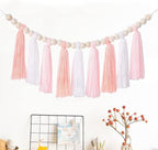 3PCS/Set Boho Tassel Garland,BetterJonny Boho Tassel Garland Wall Hanging Decor Pastel Banner with Wood Beads and 2Pcs Pom Pom Felt Ball for Home and Outdoor Decor