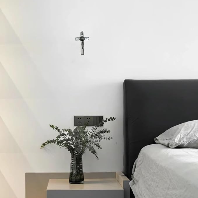 BONITTER Antique Silver Crucifix Wall Cross-St. Benedict Metal Wall Art-5.0 InchX2.7 Inch Black White Brown Enamel Give Blessing and The Spiritual Sacred:Faith Gift for your Acquaintances (White)