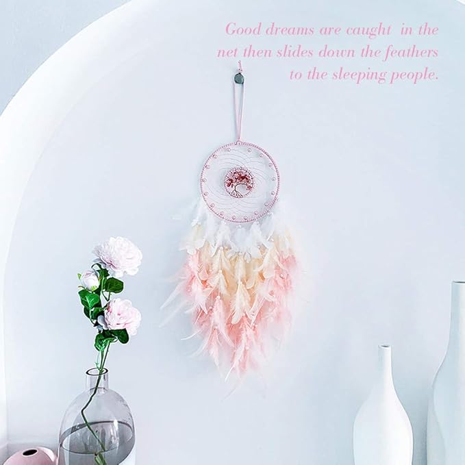 Dreamlike Tree of Life Dream Catcher Wall Decor Pink Dream Catcher with Healing Crystal Stone Handmade Feather Dreamcatchers Home Decor Wall Hanging for Girls Bedroom Living Room Wedding Party-25.6"