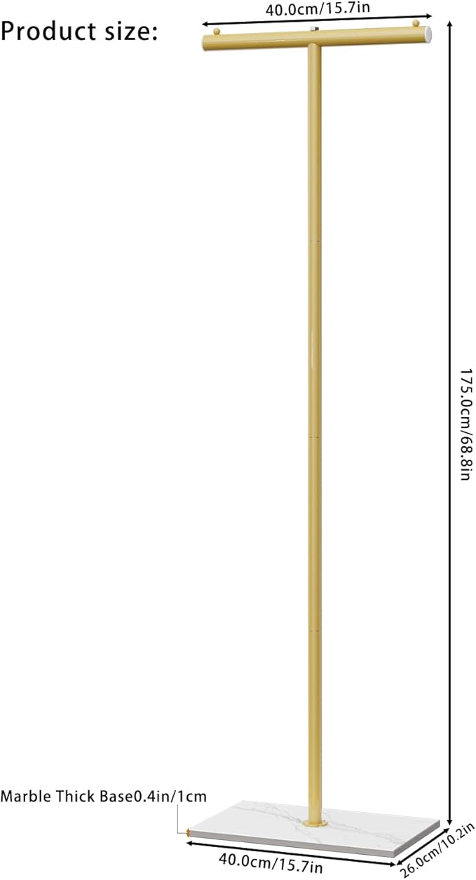 OUTBROS Metal Coat Rack, Coat Tree with Rock Base, T Shaped Freestanding Clothe Rack, Coat Hanger Stand Suitable for Bedroom, Hallway, Entrance, 68.9 Inches High, Gold