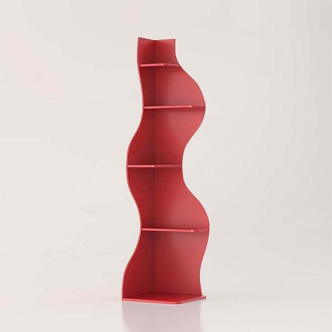 YOWOS Modern Corner Bookshelf, 5 Tier Tall Corner Shelf for Small Spaces, Wavy Corner Bookcase with Storage, Wooden Display Shelf for Plants, Books, and Decor, Multiple Colors & Sizes (Red, Large)