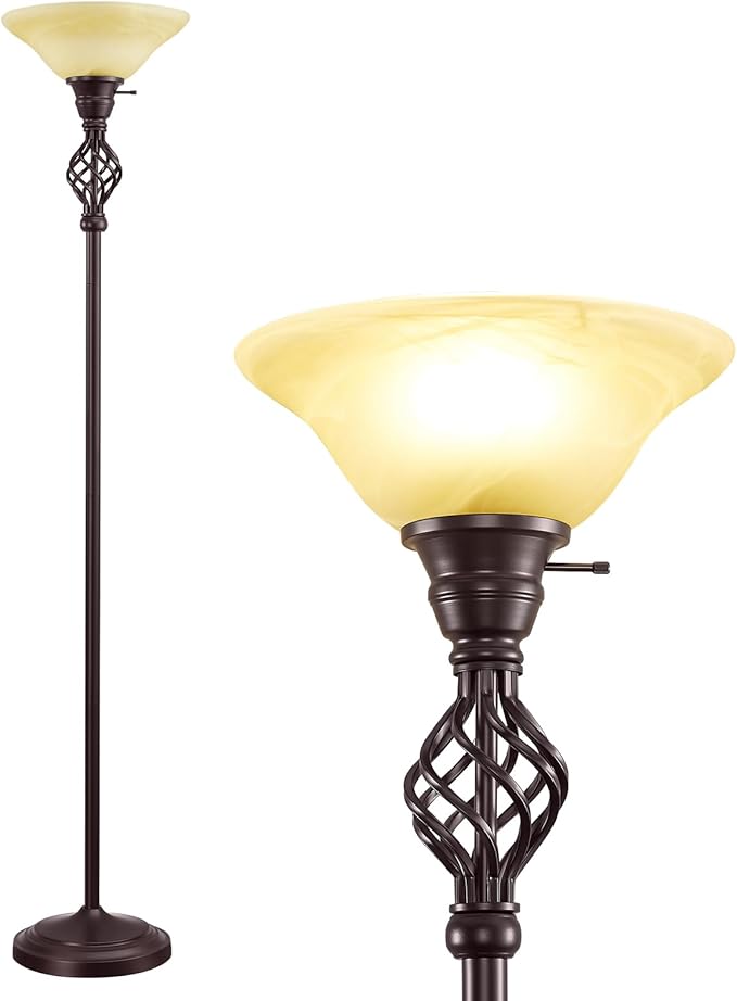 GyroVu Torchiere Floor Lamp for Living Room, LED Standing Reading Light for Bedroom with Glass Shade for Living Room Corner Bedroom Home Office,Bulbs Included (Yellow Lampshade, Glass 1 Head)
