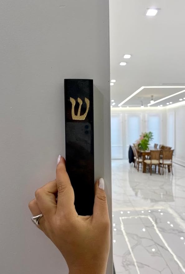 A&S Mezuzot Quartz Mezuzah Case with Engraved Shin Design Easy Peel and Stick Judaica Door Mezuza (Black + GOLD, 8 Inches)