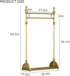 Clothing Rack Gold, Industrial Clothes Rack for hanging Clothes with Double Shelves Freestanding Multi-functional Heavy Duty Garment Rack, Metal Movable Coat Rack for Organizing Clothes Shoes