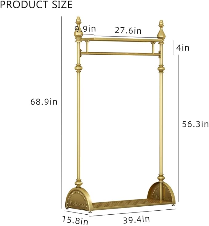 Clothing Rack Gold, Industrial Clothes Rack for hanging Clothes with Double Shelves Freestanding Multi-functional Heavy Duty Garment Rack, Metal Movable Coat Rack for Organizing Clothes Shoes