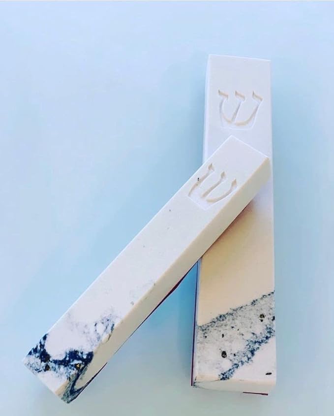 A&S Mezuzot Quartz Mezuzah Case with Engraved Shin Design Easy Peel and Stick Judaica Door Mezuza (White/Blue Veins, 11 Inches)