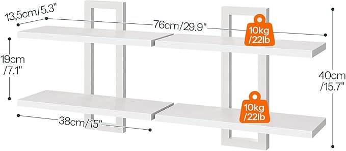 HOOBRO Floating Shelves, 15 Inch Wall Shelf Set of 2, Wall Mounted Storage Shelves 2-Tier, Hanging Bathroom Shelves, for Living Room, Bedroom, Bathroom, Kitchen, White WW32BJ01