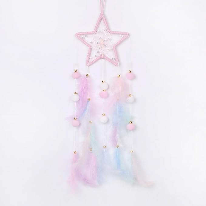 Pretty Jolly Pink Star Kids Dream Catcher Wall Decor Pompom Feather Baby Dreamcatcher Handmade Children Dream Catcher Home Décor Wall Hanging for Nursery Bedroom Boys Girls Birthday Gift-25.6in
