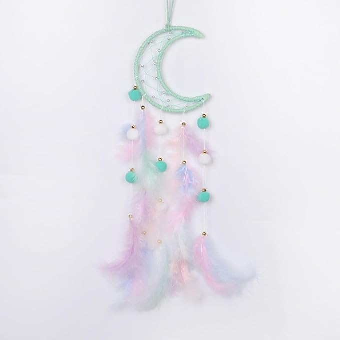 Pretty Jolly Green Moon Kids Dream Catcher Wall Decor Pompom Feather Baby Dreamcatcher Handmade Children Dream Catcher Home Décor Wall Hanging for Nursery Bedroom Boys Girls Birthday Gift-25.6in