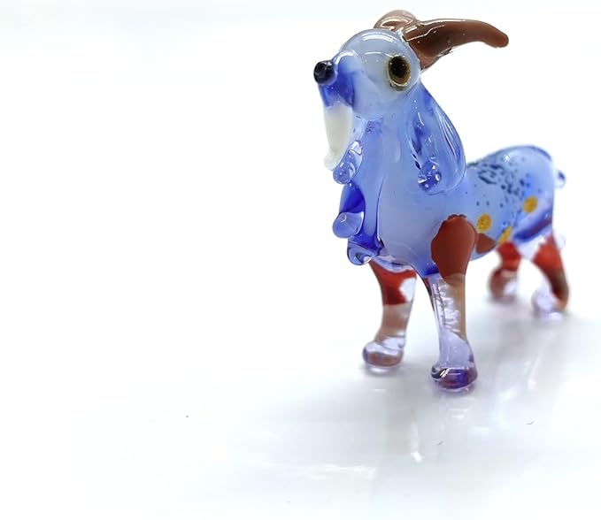 Goat Micro Tiny Figurines Hand Blown Glass Art Animals Collectible Gift Home Décor (Blue Brown)