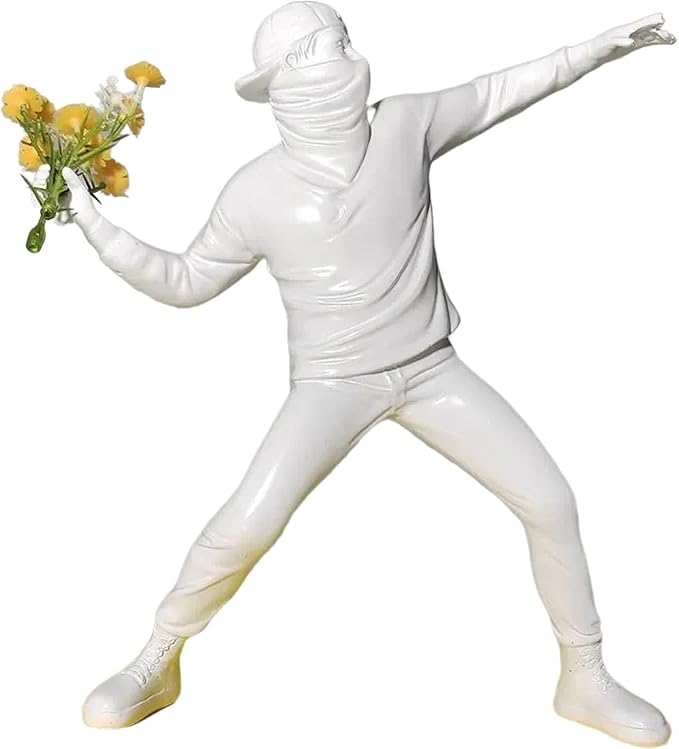 Banksy Street Graffiti Art Statue,Throwing Flower Boy Figurine,Resin Statue Ornaments,Living Room Dining Desk Decorations,Bookshelf Decorative Objects,Modern Home Decor(8.6"/White)