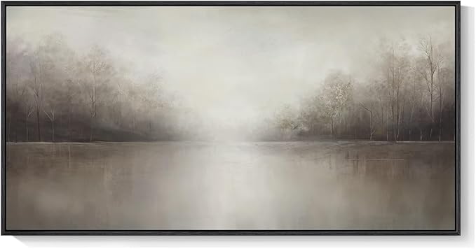 Framed Abstract Landscape Wall Art for Living Room, Extra Large Brown Misty Lake Trees Canvas Artwork for Walls, Horizontal Minimalist Wabi Sabi Painting Print for Bedroom Office Wall Decor, 30x60 In