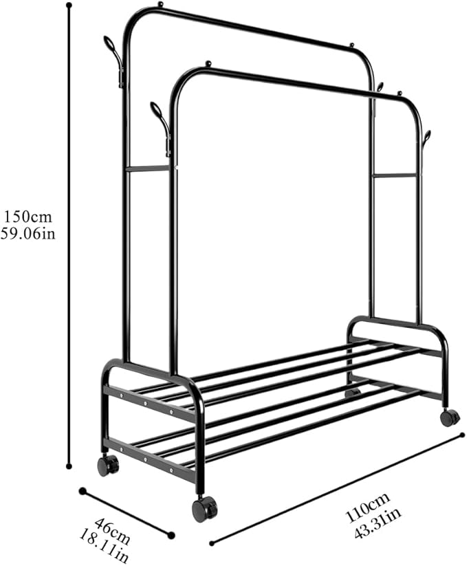 Antiwar Sturdy Metal Double Rodding Clothes Rack With Wheels, Portable Clothing Rack With Shelves & Hooks, Heavy Duty Garment Racks for Hanging Clothes, Multi-Functional Closet Rack for Bedroom, Black