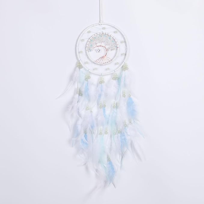 Pretty Jolly White Tree of Life Dream Catcher Wall Decor with Luminous Beads Handmade Crystal Stones Dreamcatchers Wall Hanging with Small Butterfly Pendant for Bedroom Wedding Party Wish Gift