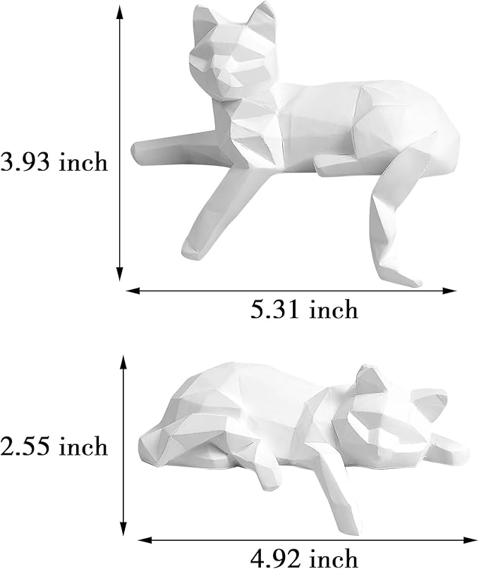 Bookshelf Decor Cat Statue, Modern Geometric Cat Figurines for Living Room Office Shelves Coffee Table Desk Decor – Set of 2 Minimalist Animal Statues (White)