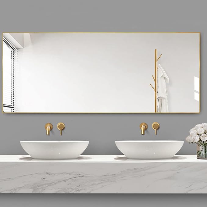 Dewfig Full Length Mirror with Stand, 64" x 21" Free Standing Floor Mirror, Full Body Mirrors, Hanging or Wall Mounted Mirrors for Bedroom, Rectangle Shape, Metal Frame,Gold
