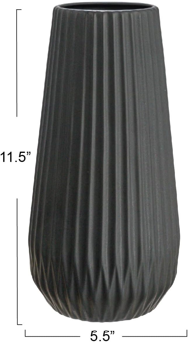Bloomingville Round Stoneware Fluted Vase with Embossed Lines, Matte Black