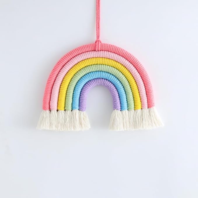 Hand-Woven Rainbow Dreamcatcher Rainbow Dreamcatcher Wall Hanging, Multicolor with Pink Tassels