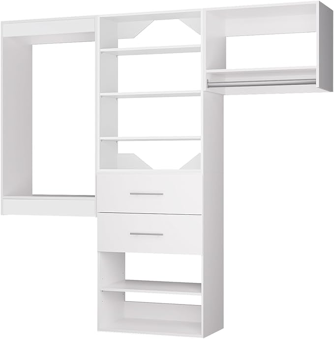 ROOMTEC Modular Closet System, 96" Wall Mounted Modern Closet Organizer with Hanging Rods and Drawers, Wooden Tower for Walk-In Closets, Wardrobe Storage Kit, White
