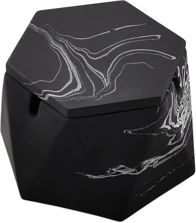 FREELOVE Concrete Ashtray with Lid & Stainless Steel Ashtrays for Cigarettes, Cement Ash Tray Smoking Holder Indoor Smokeless Outdoor Windproof Patio Home Office Cool Decor(Black-White, Large)