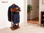 Gdrasuya10 Suit Valet Stands for Men and Women, Wood Clothes Rack with Drawer & Trouser Holder, Freestanding Coat Organizer Stand for Entryway, Living Room, 22lbs Capacity (Brown)