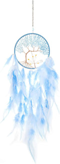 Pretty Jolly Double Tree of Life Dream Catcher Wall Decor with Healing Crystal Stone Handmade Cyan Blue White Feather Dream Catchers Decoration Wall Hanging Bedroom Room Wedding Party Wish Gift-25.6"