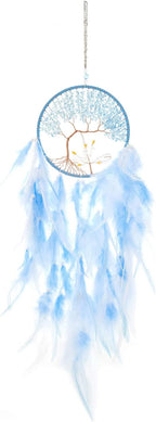 Pretty Jolly Double Tree of Life Dream Catcher Wall Decor with Healing Crystal Stone Handmade Cyan Blue White Feather Dream Catchers Decoration Wall Hanging Bedroom Room Wedding Party Wish Gift-25.6"