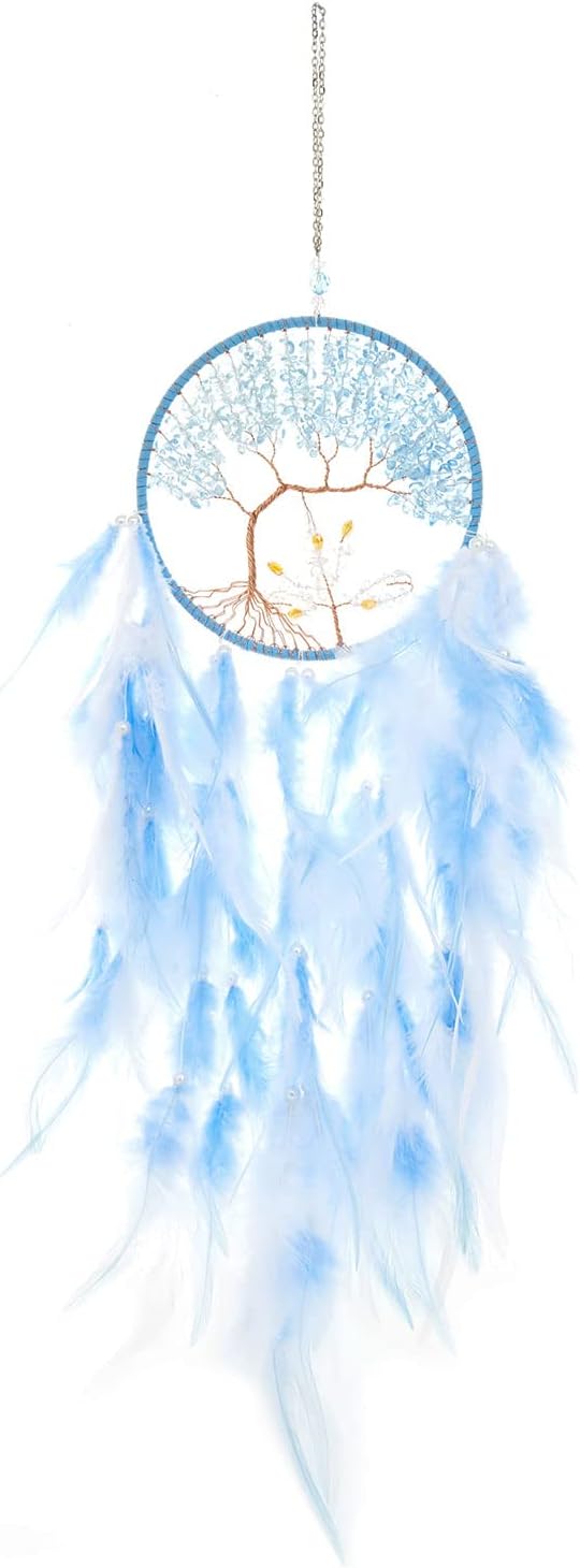 Pretty Jolly Double Tree of Life Dream Catcher Wall Decor with Healing Crystal Stone Handmade Cyan Blue White Feather Dream Catchers Decoration Wall Hanging Bedroom Room Wedding Party Wish Gift-25.6"