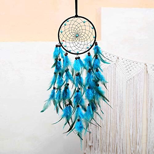 Handmade Dream Catcher, Natural Feather Dream Catchers Mobile Wall Decor, Dreamcatchers Gift for Girls Kids Women Decorations Home Ornament（Blue）