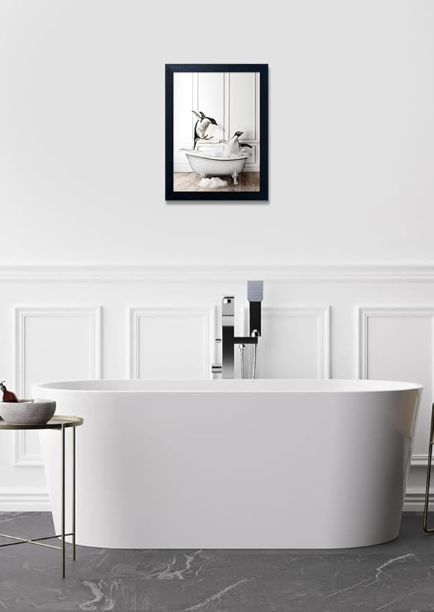 Framed Kids Bathroom Wall Decor Funny Bathroom Wall Art Black and White Canvas Print Cute Penguins in Bathtub Painting Farmhouse Animal Artwork