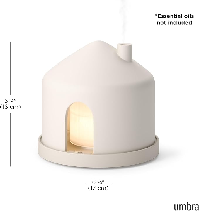 Umbra Casita Diffuser in Sand – Aromatherapy Essential Oil Diffuser with LED Light, Multiple Mist Settings, Automatic Shut-Off, Hidden Storage for Oils, Concrete & Melamine Design for Modern Homes