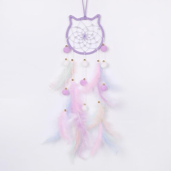 Pretty Jolly Purple Cat Kids Dream Catcher Wall Decor Pompom Feather Baby Dreamcatcher Handmade Children Dream Catcher Home Décor Wall Hanging for Nursery Bedroom Boys Girls Birthday Gift-25.6in