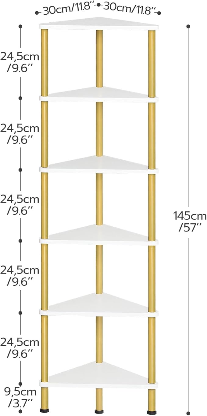 HOOBRO Corner Shelf Stand, Industrial 6-Tier Wall Corner Bookshelf with Metal Frame, Plant Display Shelf, Bookcase for Small Spaces, Living Room, White and Gold DW36CJ01