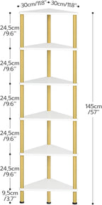 HOOBRO Corner Shelf Stand, Industrial 6-Tier Wall Corner Bookshelf with Metal Frame, Plant Display Shelf, Bookcase for Small Spaces, Living Room, White and Gold DW36CJ01