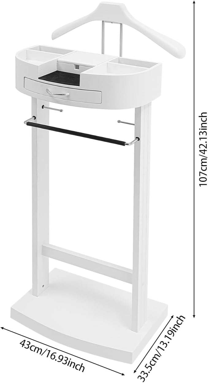 66.14 Lbs Capacity Wood Valet Stand, Clothes Valet Rack with Drawer Top Tray, Freestanding Clothing Stand with Contour Hanger Trouser Bar Tie & Belt Hooks and Shoe Rack, Walnut Color