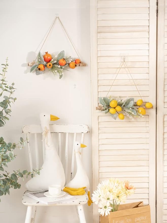 Simulation Pomegranate Fruit Swag, Decorative Greenery Artificial Lemon Swag, Simulation Lemon Pendant Front Door Garland, Artificial Flowers False Flower for Wedding Home Wall Decoration(Yellow)