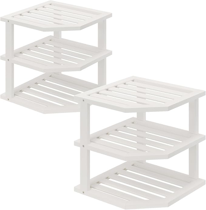 VERTORGAN 3 Tier Bamboo Corner Shelf(2 Pack),Dish Drying Rack,Plate Organizer,Kitchen Spice Rack for Countertop and Cabinet(White)