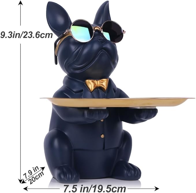 QIANLING Modern Decor Resin Navy Blue Bulldog Statue Tray - Storage Key Holder, Candy, Jewelry, Earrings - Suitable for Home, Dining Table, Office - Modern Art Small Object Tray